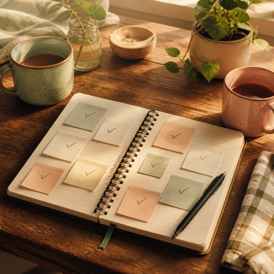 Notebook with sticky notes and mugs on a warm kitchen table