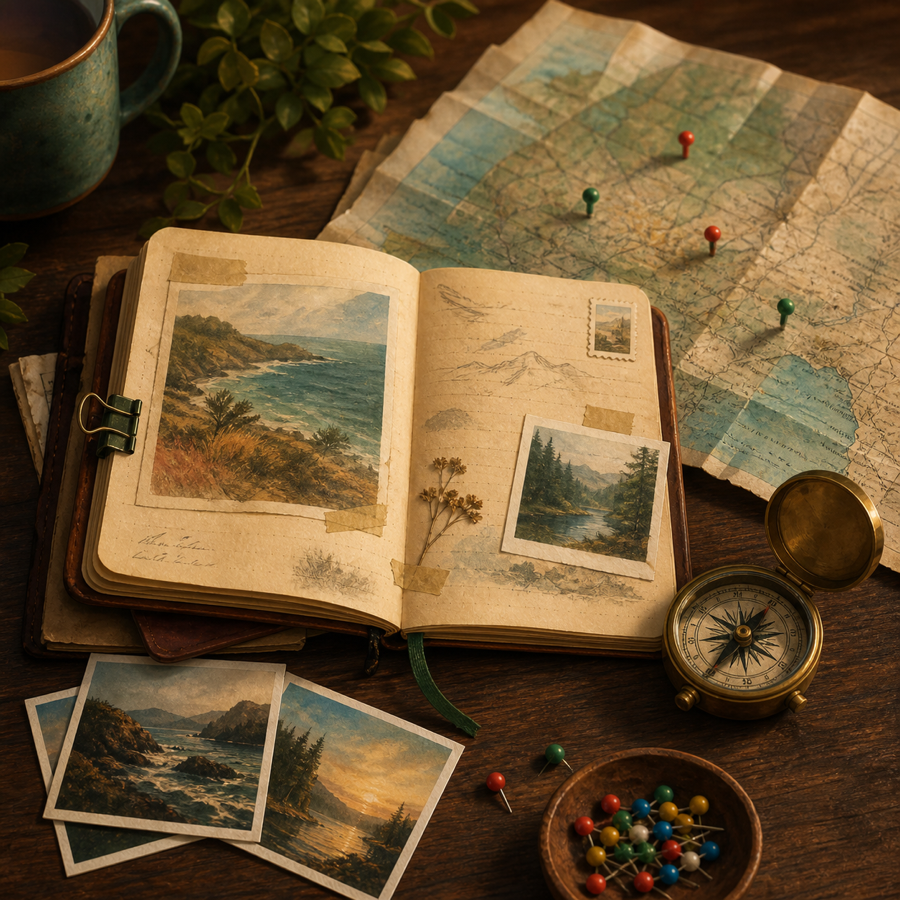 Travel journal, folded map, photos, compass, and colored pins