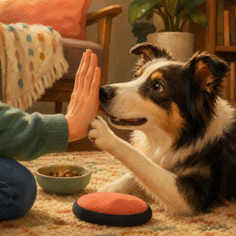 Dog touching a hand during a cozy training session